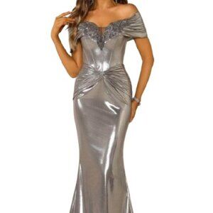 Terani Couture Silver Embellished Off-Shoulder Gown